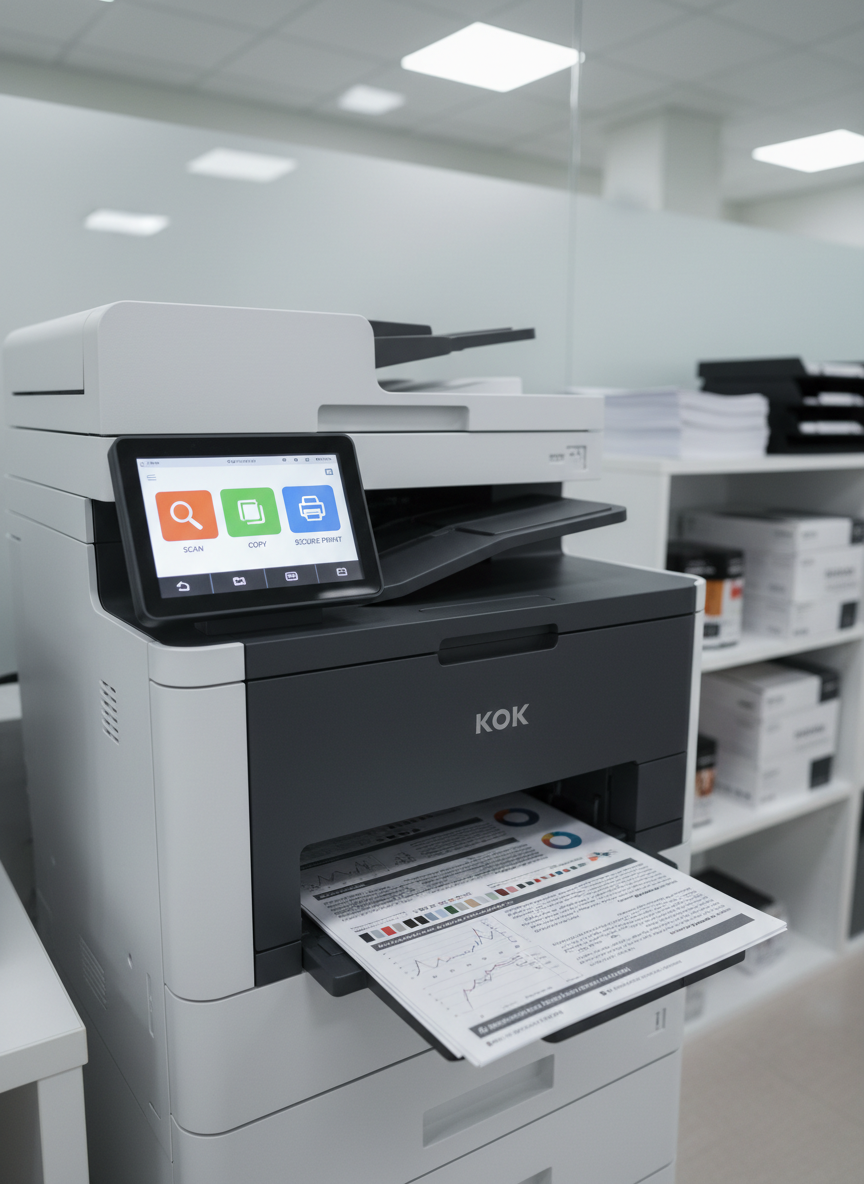 A close-up, photographic realism view of a modern multifunction business printer in matte white and charcoal gray plastic, its control panel showing a clear, colorful touchscreen interface with simple icons for scan, copy, and secure print. Freshly printed A4 pages with color charts and clean text emerge neatly onto the output tray. The device stands in a tidy corporate workspace with neutral walls, a subtle glass partition, and organized shelves of paper and toner in the softly blurred background. Cool, even office lighting from overhead LED panels creates gentle highlights on the machine’s edges and a soft shadow on the floor. Shot at a slightly elevated angle using the rule of thirds, the composition emphasizes precision, efficiency, and reliability in professional printing solutions for local businesses.