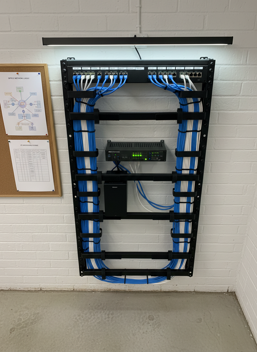 An overhead, photographic realism view of a small business network rack installed in a modest utility room, featuring a short 12U wall-mounted rack with a tidy patch panel, a compact managed switch, and a small UPS. Each Ethernet port is labeled clearly, and blue and white cables are carefully routed in clean, parallel runs using cable management bars. Alongside, laminated network layout diagrams and a printed IP addressing plan are neatly pinned to a corkboard. A smooth concrete floor and painted white brick walls form a utilitarian but organized environment. Cool, diffused LED strip lighting above the rack creates even illumination with minimal shadows. The composition uses a top-down, centered framing to emphasize systematic structure and professional network design for production and office environments.