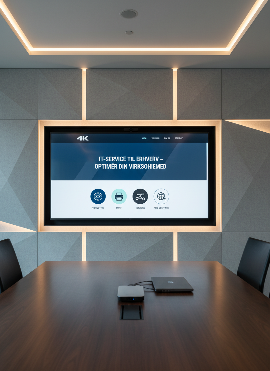 A minimalist, photographic realism scene of a large, wall-mounted 4K display in a modern meeting room, showing a clean, responsive business website for a local IT service provider. The homepage features simple navigation, a bold headline about IT-service til erhverv, and recognizable icons for production, print, network, and web solutions. The screen is framed by smooth, light gray acoustic panels on the wall and a sleek, dark wood conference table below, hosting only a small docking station and a closed laptop. Soft, warm indirect LED lighting washes the wall, producing gentle gradients and discreet shadows. Shot from a slightly low, wide-angle perspective, the composition emphasizes the screen as the central focus. The look is clean, modern, and trustworthy, perfectly representing professional web and IT consulting services.