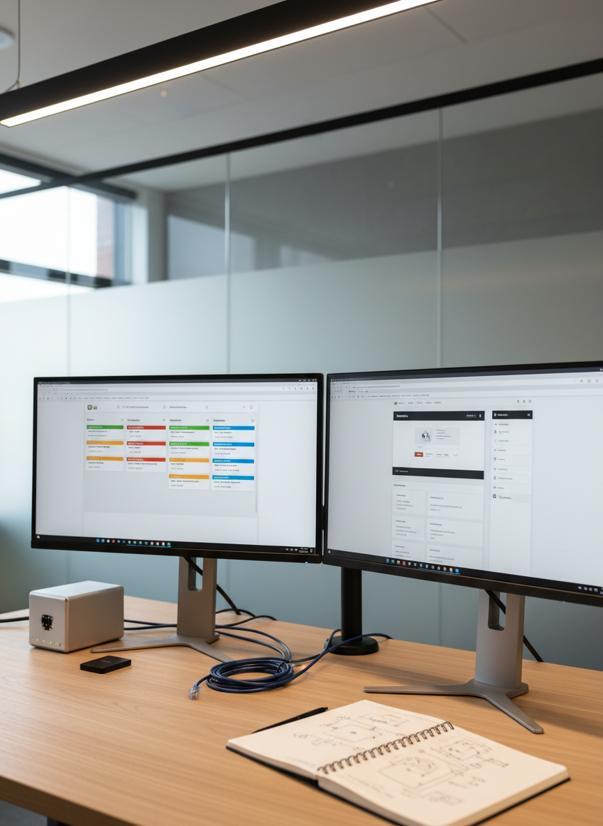 A tidy dual-monitor workstation on a light oak desk, featuring two ultra-thin bezel screens displaying a well-organized dashboard of IT service tickets and a clean business website layout in a modern CMS interface. A compact, high-end business desktop in brushed aluminum sits beside a small, labeled network hub. Coiled Ethernet cables, an external SSD, and a notepad with neatly written network diagrams are precisely arranged, suggesting thoughtful IT consulting work in progress. Neutral gray office walls and a frosted glass partition fill the soft-focus background. Balanced, natural daylight blends with subtle overhead LED lighting, creating a bright but calm atmosphere. Photographic realism at eye-level with moderate depth of field, emphasizing clarity and order. The mood is professional and methodical, highlighting structured IT support, web development, and consulting for local companies.